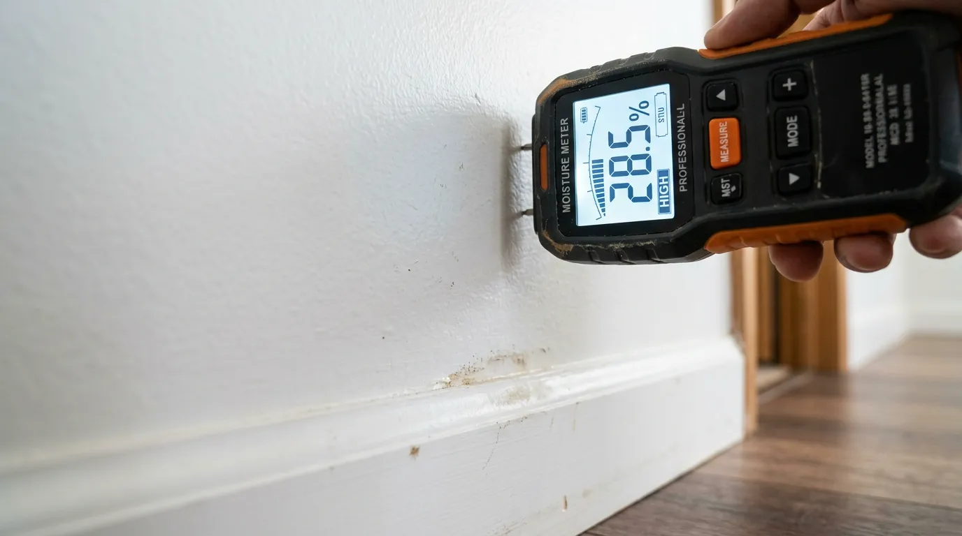 Moisture meter reading being taken on a wall during a mold inspection
