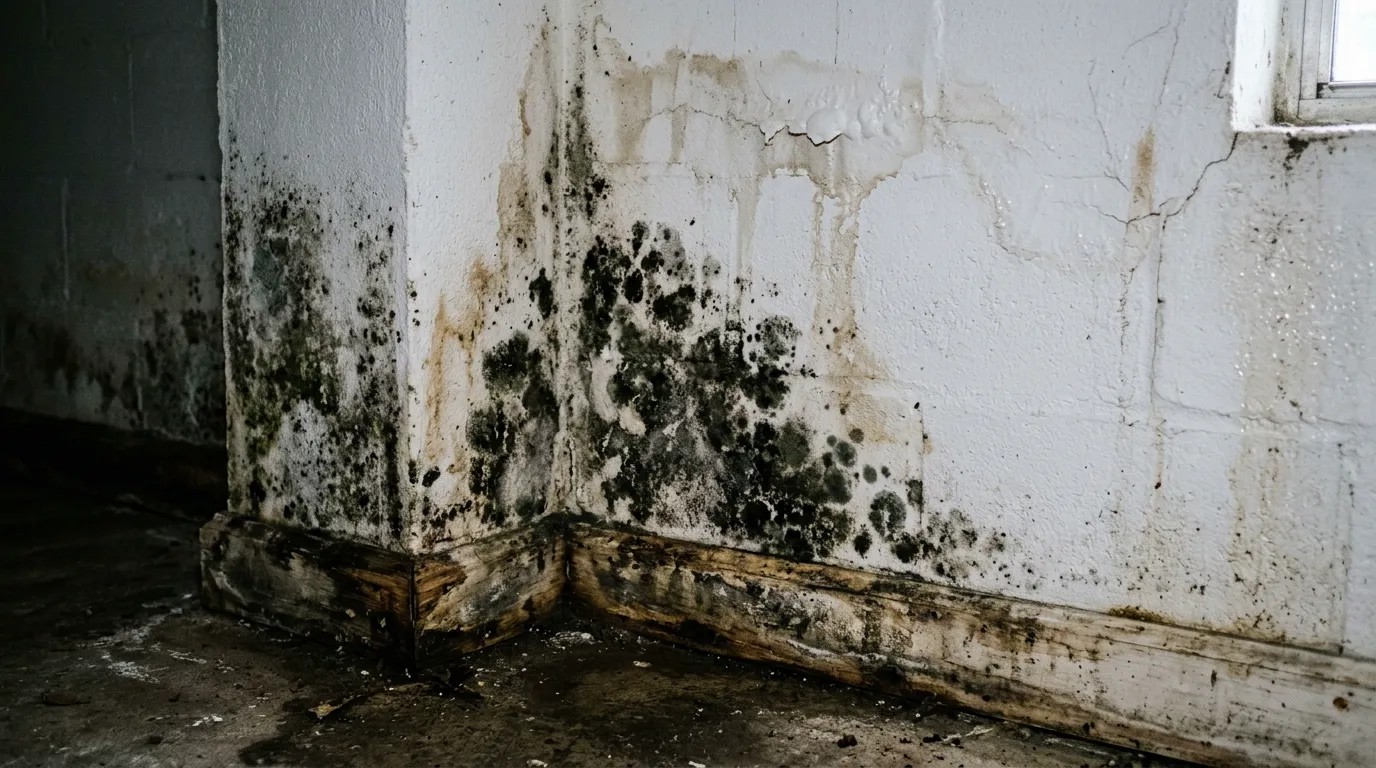 Mold growth spreading across a damp interior wall near the baseboard